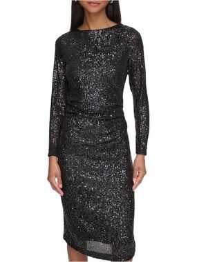 Calvin Klein Black Sequin Long Sleeve Midi Dress